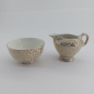 Vintage Empire England Porcelain Chintz Gold Shamrock Print Cream and Sugar Set